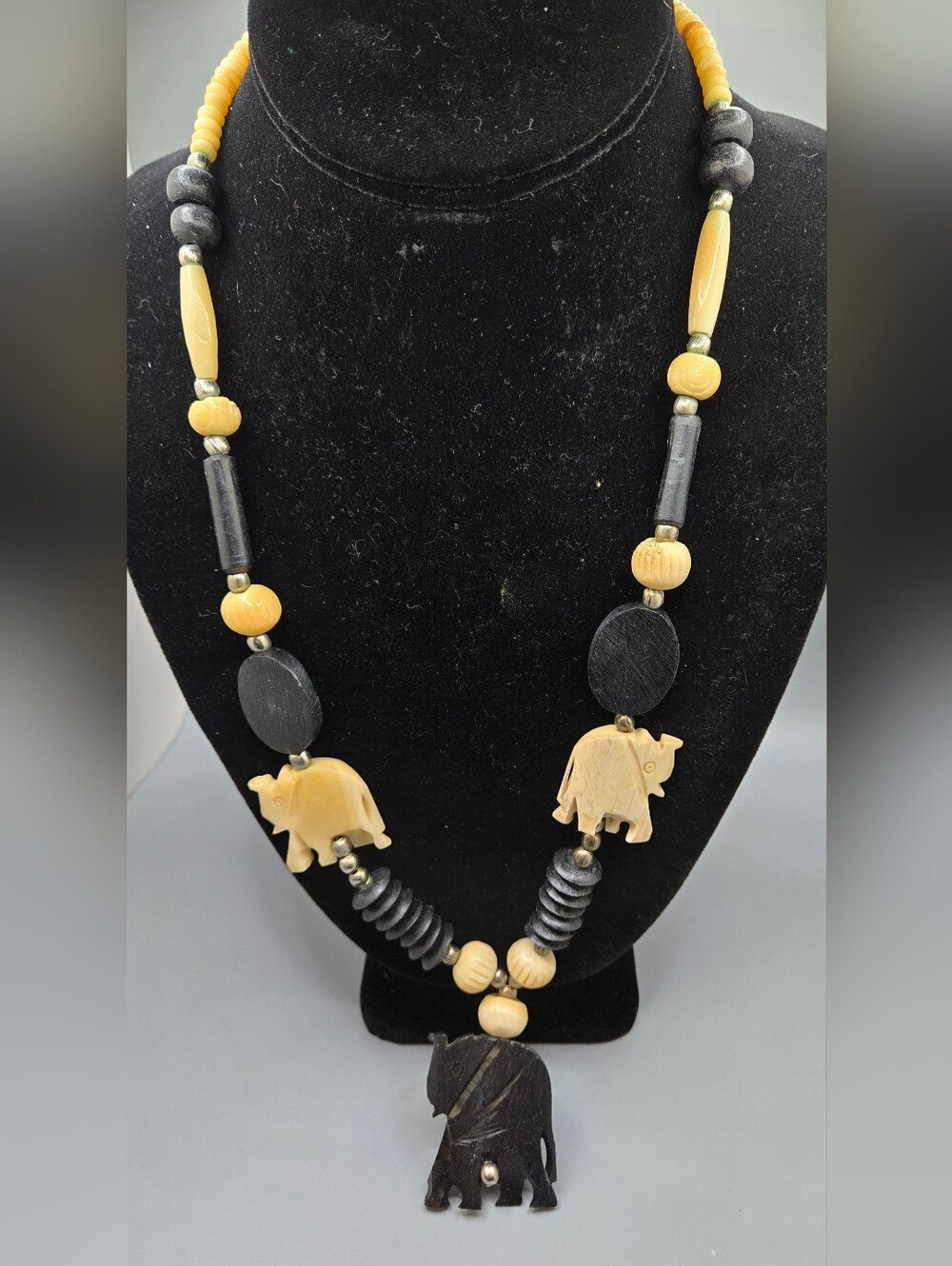 Carved Elephant Bone Necklace Natural & Dyed Simple Hook Clasp